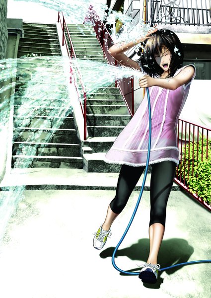 Anime picture 1200x1694 with original kagijou single tall image short hair open mouth black hair smile eyes closed shadow street girl plant (plants) water water drop stairs house hose