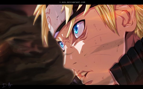 Anime picture 1600x1003 with naruto studio pierrot naruto (series) uzumaki naruto i-azu single short hair open mouth blue eyes blonde hair coloring facial mark letterboxed close-up face whisker markings angry jinchuriki boy vest