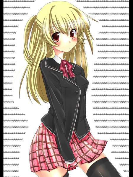 Anime picture 1056x1408 with original amane ruri long hair tall image blush blonde hair red eyes girl thighhighs skirt uniform black thighhighs school uniform miniskirt shirt