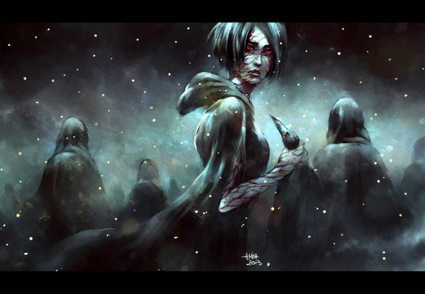 Anime picture 1300x900 with nanfe short hair black hair red eyes signed looking back from behind snowing letterboxed winter fog 2013 girl animal bird (birds) hood people crowd