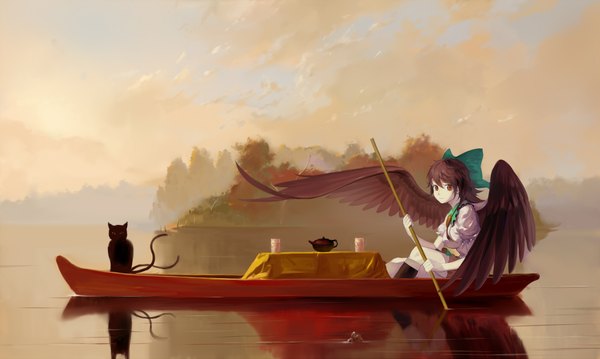Anime picture 2000x1199 with touhou reiuji utsuho kaenbyou rin (cat) feng ze long hair looking at viewer highres brown hair wide image sitting brown eyes tail multiple tails scenic girl skirt bow hair bow miniskirt animal