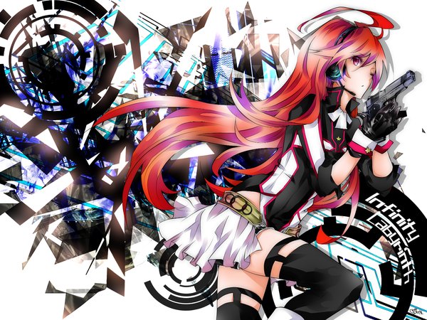 Anime picture 1500x1125 with vocaloid miki (vocaloid) tyouya single long hair red eyes ahoge red hair girl thighhighs gloves weapon black thighhighs miniskirt headphones gun pistol