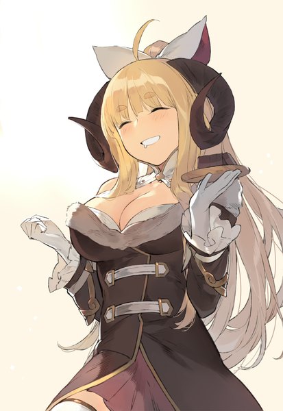 Anime picture 1500x2179 with granblue fantasy anila (granblue fantasy) duoyuanjun single long hair tall image blush fringe breasts blonde hair simple background smile large breasts white background cleavage ahoge ponytail eyes closed horn (horns) happy