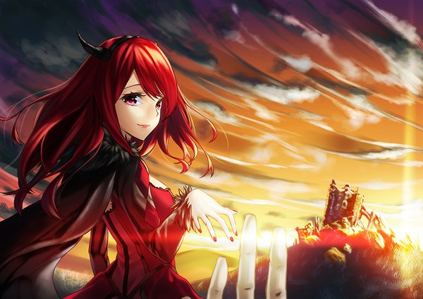Anime picture 1132x800 with maoyuu maou yuusha arms corporation maou (maoyuu) unowen kyon (fuuran) single looking at viewer sky cloud (clouds) red hair pink eyes horn (horns) light smile evening sunset mountain landscape destruction girl dress