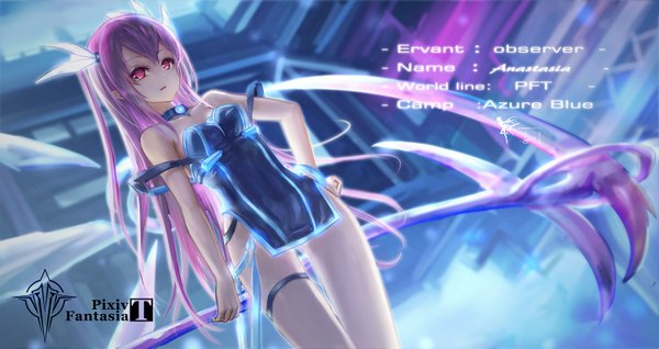 Anime picture 1500x795 with original pixiv fantasia pixiv fantasia t anastasia (pft) wangchuan de quanyan single long hair light erotic red eyes wide image standing twintails bare shoulders holding pink hair bare legs head wings girl dress wings
