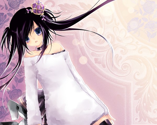 Anime picture 1200x960 with long hair blue eyes black hair bare shoulders loli girl collar crown
