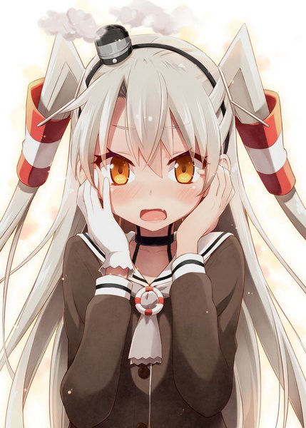 Anime picture 765x1070 with kantai collection amatsukaze destroyer eretto single long hair tall image looking at viewer blush open mouth brown eyes silver hair teeth fang (fangs) two side up smoke surprised cute hands on face girl dress