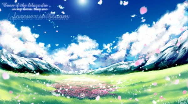 Anime picture 1024x565 with kaze-hime wide image sky cloud (clouds) inscription mountain landscape scenic flower (flowers) petals sun