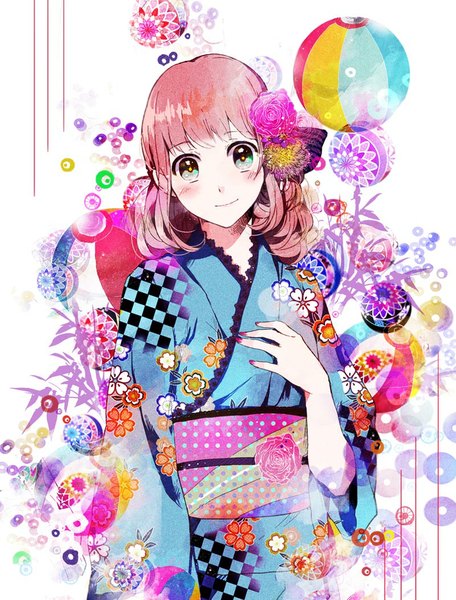 Anime picture 800x1053 with amnesia idea factory heroine (amnesia) motyaaaaaaa single tall image looking at viewer blush fringe short hair smile brown hair nail polish traditional clothes japanese clothes hair flower aqua eyes pink nail polish girl hair ornament