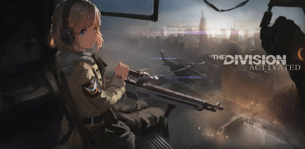 Anime picture 2200x1077 with love live! sunshine!! tom clancy's the division sunrise (studio) love live! watanabe you doren highres short hair blue eyes blonde hair wide image looking away city cityscape flying military girl uniform weapon headphones