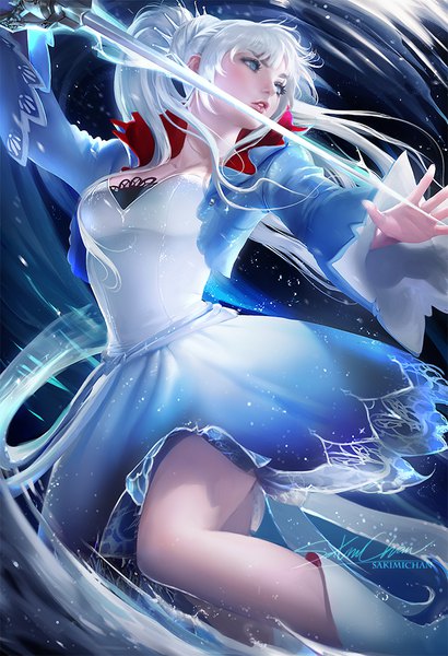 Anime picture 684x1000 with rwby rooster teeth weiss schnee sakimichan single long hair tall image fringe breasts blue eyes signed looking away bent knee (knees) white hair ponytail parted lips lips realistic wide sleeves sparkle