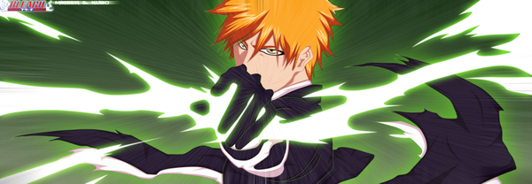 Anime picture 3000x1042 with bleach studio pierrot kurosaki ichigo gold-mk single highres short hair simple background wide image japanese clothes orange hair inscription orange eyes coloring magic green background boy kimono