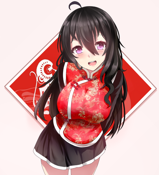Anime picture 749x824 with original miyaura sanshio beifeng han single long hair tall image looking at viewer blush fringe breasts open mouth simple background smile hair between eyes large breasts ahoge traditional clothes :d leaning leaning forward