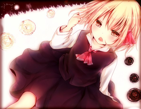Anime picture 1550x1200 with touhou rumia misa (kaeruhitode) single looking at viewer short hair open mouth blonde hair simple background red eyes sitting girl hair ornament