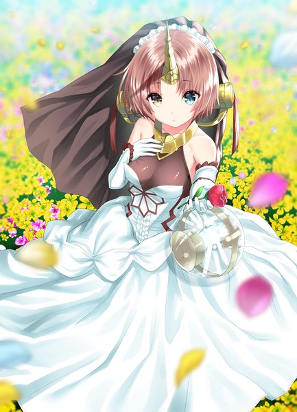 Anime picture 614x850 with fate (series) fate/apocrypha frankenstein's monster (fate) yasuyuki single tall image looking at viewer fringe short hair breasts blue eyes brown hair bare shoulders holding yellow eyes outdoors horn (horns) from above wind blurry