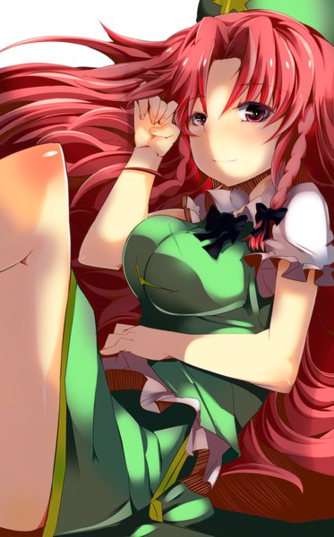 Anime picture 2094x3370 with touhou hong meiling jyuuji (artist) single long hair tall image highres red eyes red hair braid (braids) girl