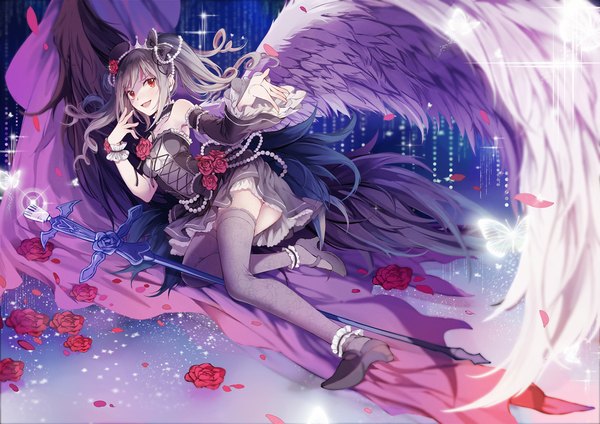 Anime picture 1188x840 with idolmaster idolmaster cinderella girls kanzaki ranko koyuiko single long hair looking at viewer open mouth red eyes twintails lying grey hair anniversary princess girl thighhighs dress hair ornament flower (flowers) weapon black thighhighs