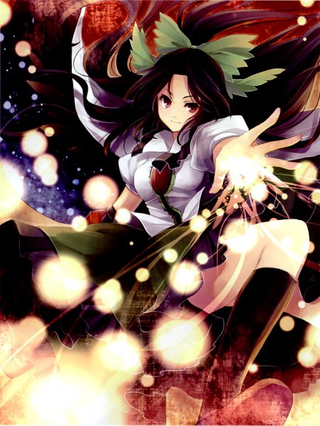 Anime picture 1924x2562 with touhou reiuji utsuho hagiwara rin single long hair tall image highres brown hair brown eyes light smile magic skirt lift outstretched hand arm cannon girl bow weapon hair bow socks black socks