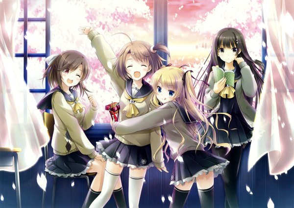Anime picture 3679x2603 with ikegami akane long hair blush highres short hair open mouth blue eyes black hair blonde hair red eyes brown hair multiple girls absurdres eyes closed one eye closed wink black eyes cherry blossoms girl thighhighs