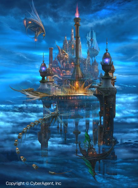 Anime picture 1440x1969 with tenkuu no crystalia ucchiey tall image signed sky cloud (clouds) no people fire castle aircraft tower airship