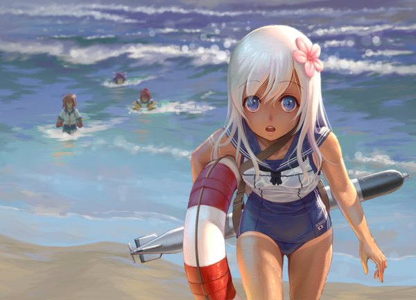 Anime picture 2000x1441 with kantai collection ro-500 submarine i-19 submarine i-58 submarine i-168 submarine pinakes long hair looking at viewer highres short hair open mouth blonde hair bare shoulders multiple girls pink hair red hair hair flower blurry depth of field beach