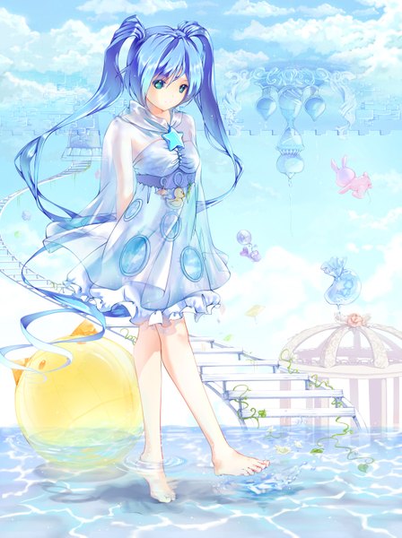 Anime picture 1211x1621 with vocaloid hatsune miku hmniao single long hair tall image blue eyes twintails blue hair cloud (clouds) barefoot girl dress water toy stuffed animal stairs