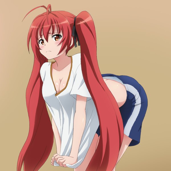 Anime picture 1050x1050 with ore twintail ni narimasu production ims tail red mitsuka souji mameshiba (pixiv 59310) single looking at viewer blush fringe breasts light erotic simple background hair between eyes large breasts twintails brown eyes ahoge red hair very long hair leaning