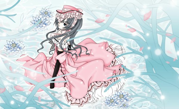 Anime picture 1600x975 with kuroshitsuji a-1 pictures ciel phantomhive single long hair blue eyes black hair wide image twintails bare shoulders looking up dress boy gloves flower (flowers) hat petals elbow gloves lotus