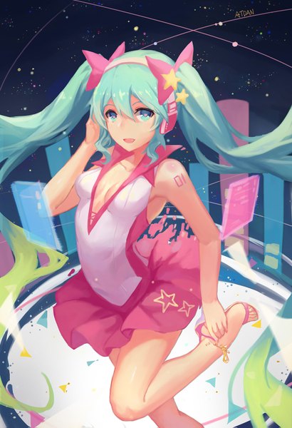 Anime picture 1000x1463 with vocaloid hatsune miku atdan single tall image looking at viewer open mouth twintails very long hair aqua eyes aqua hair hand on headphones girl dress bow hair bow headphones