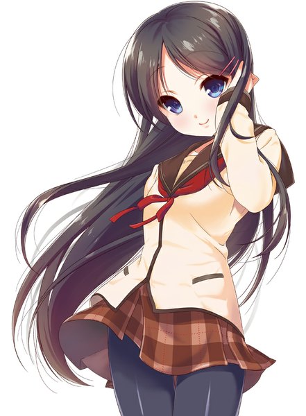 Anime picture 649x882 with jinsei endou rino nanase meruchi single long hair tall image looking at viewer blush blue eyes black hair simple background smile standing white background pleated skirt adjusting hair plaid skirt girl skirt uniform