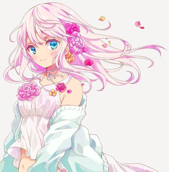Anime picture 1500x1533 with original yutsumoe single long hair tall image looking at viewer blush blue eyes simple background smile standing pink hair hair flower wind bare belly pink background girl hair ornament flower (flowers) ribbon (ribbons)