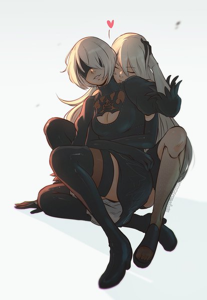 Anime picture 706x1024 with nier nier:automata yorha no. 2 type b yorha type a no. 2 koyoriin long hair tall image fringe short hair simple background smile hair between eyes white background sitting multiple girls signed full body bent knee (knees) white hair eyes closed