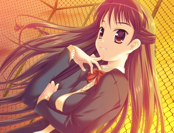 Anime picture 1700x1300 with ren-ai training tagme (character) single long hair smile brown hair purple eyes sky wind dutch angle evening sunset girl uniform school uniform fence