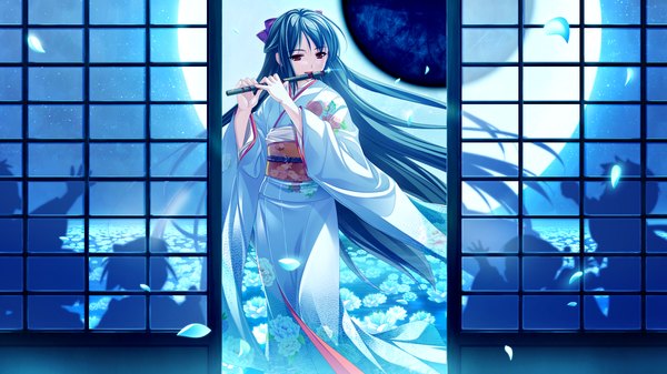 Anime picture 2048x1152 with tsukumo no kanade skyfish (studio) long hair highres black hair red eyes wide image game cg japanese clothes night girl flower (flowers) petals kimono moon obi musical instrument flute