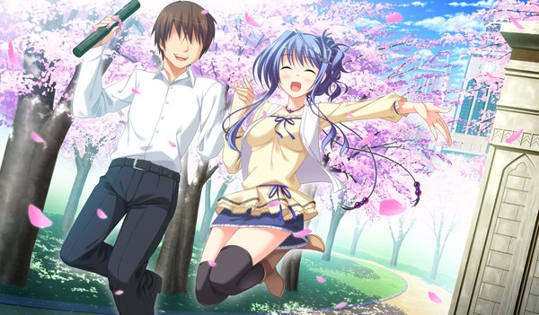 Anime picture 2048x1200 with princess evangile kitamikado ayaka long hair highres short hair open mouth black hair wide image blue hair game cg eyes closed cherry blossoms graduation girl thighhighs dress boy black thighhighs plant (plants) petals