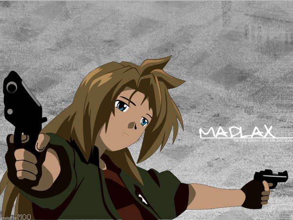 Anime picture 1600x1200 with madlax madlax (character) single long hair blue eyes brown hair holding signed looking away upper body wallpaper copyright name spread arms vector third-party edit dual wielding girl gloves black gloves fingerless gloves