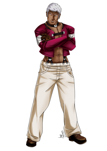 Anime picture 2894x4093 with the king of fighters snk yashiro orochi odzigner b0ss23 single tall image highres short hair simple background standing signed full body lips grey hair dark skin crossed arms eyebrows muscle sidewhiskers