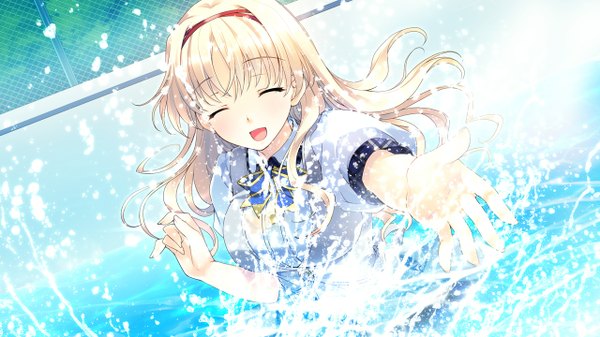 Anime picture 1280x720 with aete mushisuru kimi to no mirai tachibana minami single long hair blush breasts open mouth blonde hair wide image large breasts game cg eyes closed blue background laughing girl bow water water drop pool
