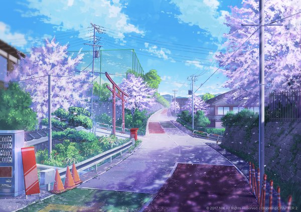 Anime picture 1500x1060 with original niko p signed sky cloud (clouds) sunlight no bra cherry blossoms watermark mountain street spring plant (plants) petals tree (trees) building (buildings) fence railing house torii
