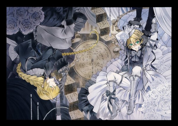 Anime picture 9900x7013 with pandora hearts xebec oz vessalius jack vessalius long hair fringe highres short hair blue eyes blonde hair absurdres braid (braids) single braid incredibly absurdres boy flower (flowers) bow ribbon (ribbons) shoes boots