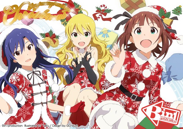 Anime picture 1299x923 with idolmaster hoshii miki kisaragi chihaya amami haruka taku1122 long hair looking at viewer short hair open mouth blue eyes blonde hair brown hair multiple girls brown eyes green eyes blue hair fur trim christmas merry christmas girl