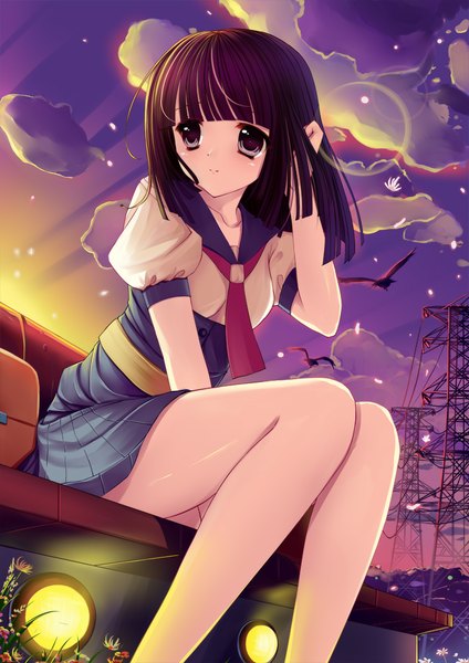 Anime picture 800x1131 with bakemonogatari shaft (studio) monogatari (series) sengoku nadeko caidychen single tall image blush short hair smile brown hair sitting purple eyes sky cloud (clouds) sunlight evening sunset girl uniform