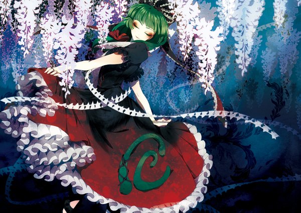 Anime picture 1447x1023 with touhou kagiyama hina pepepo (kyachi) single eyes closed green hair eyeshadow girl dress flower (flowers) ribbon (ribbons) branch wisteria