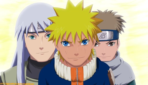 Anime picture 2200x1263 with naruto studio pierrot naruto (series) uzumaki naruto dan (naruto) naruto999-by-roker long hair highres short hair blue eyes blonde hair smile brown hair wide image brown eyes silver hair aqua eyes multiple boys coloring jinchuriki