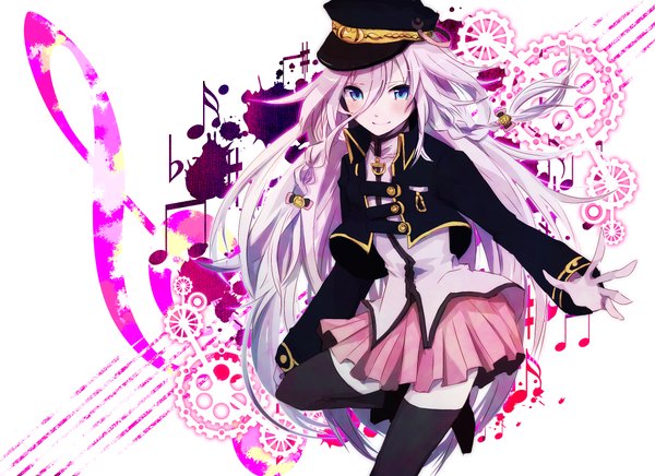 Anime picture 2200x1600 with vocaloid ia (vocaloid) sotsunaku single long hair looking at viewer blush fringe highres pink hair braid (braids) very long hair aqua eyes twin braids girl thighhighs skirt hat musical note pink skirt
