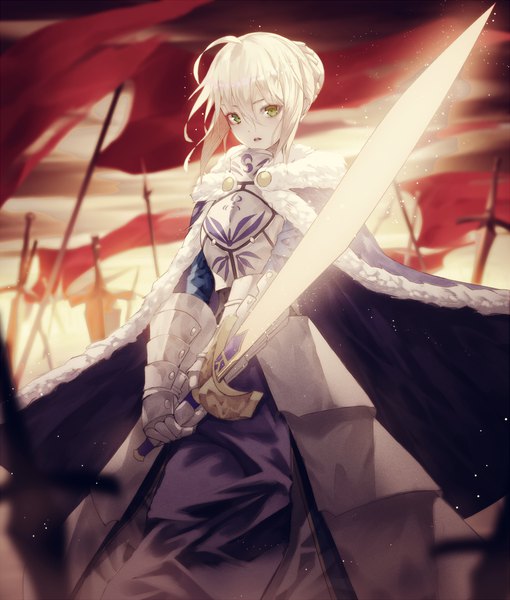 Anime picture 1000x1175 with fate (series) fate/grand order fate/zero artoria pendragon (all) saber crying eye single tall image looking at viewer fringe short hair open mouth blonde hair hair between eyes standing holding green eyes ahoge outdoors braid (braids)