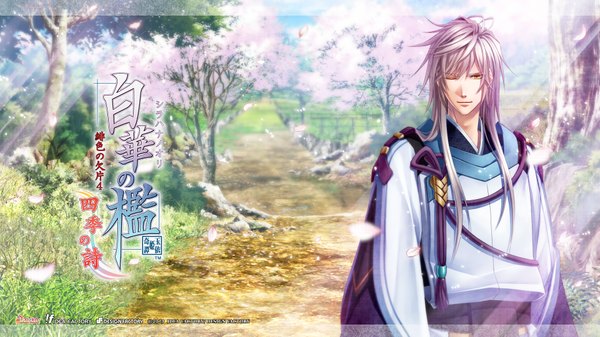 Anime picture 1920x1080 with shirahana no ori - hiiro no kakera 4 idea factory gentouka single long hair looking at viewer highres blonde hair wide image yellow eyes traditional clothes scan official art cherry blossoms hieroglyph landscape boy plant (plants) petals tree (trees)
