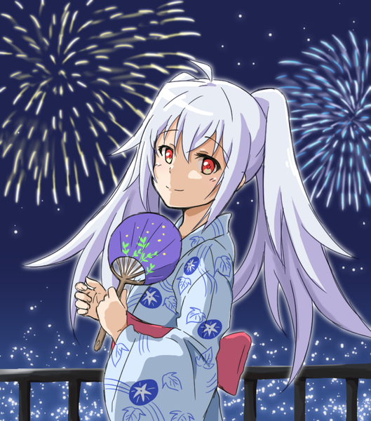Anime picture 900x1020 with plastic memories isla (plastic memories) akatsuki (artist) single long hair tall image looking at viewer blush fringe smile hair between eyes red eyes twintails holding payot silver hair ahoge long sleeves traditional clothes head tilt