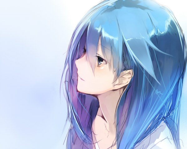 Anime picture 1200x960 with original shin (anbqqcb) single long hair blue eyes simple background blue hair blue background girl
