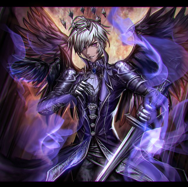 Anime picture 1532x1520 with original sangrde single short hair purple eyes silver hair letterboxed black wings glow boy weapon sword wings halo neckerchief